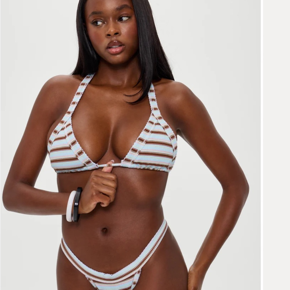 Frankie's Bikinis Light Blue & Brown Striped Triangle Bikini Set (Verona Stripe)
